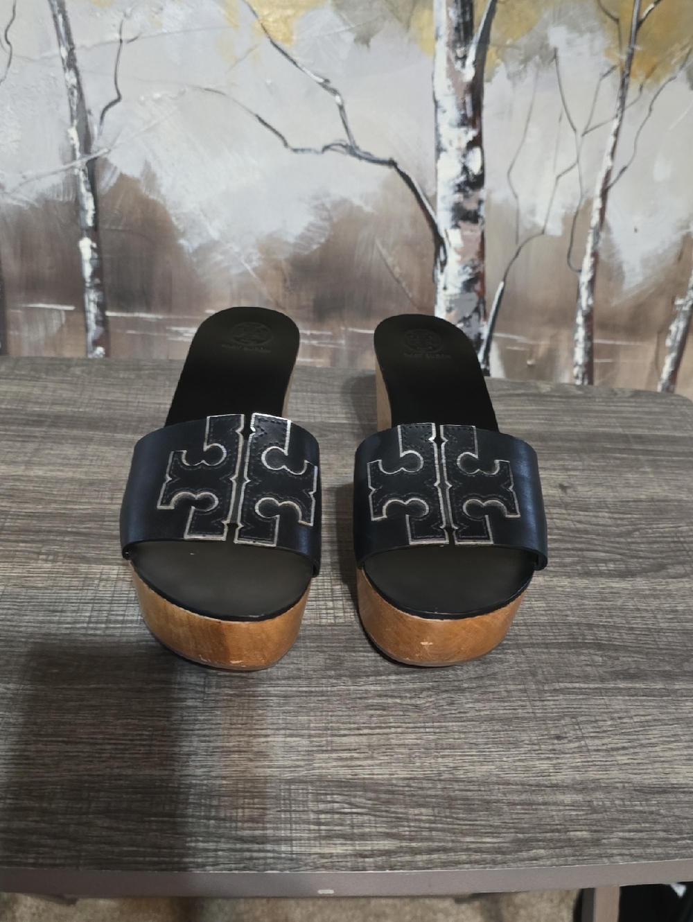 Black Leather Tory Burch Slide Platform Sandals with Wood Sole